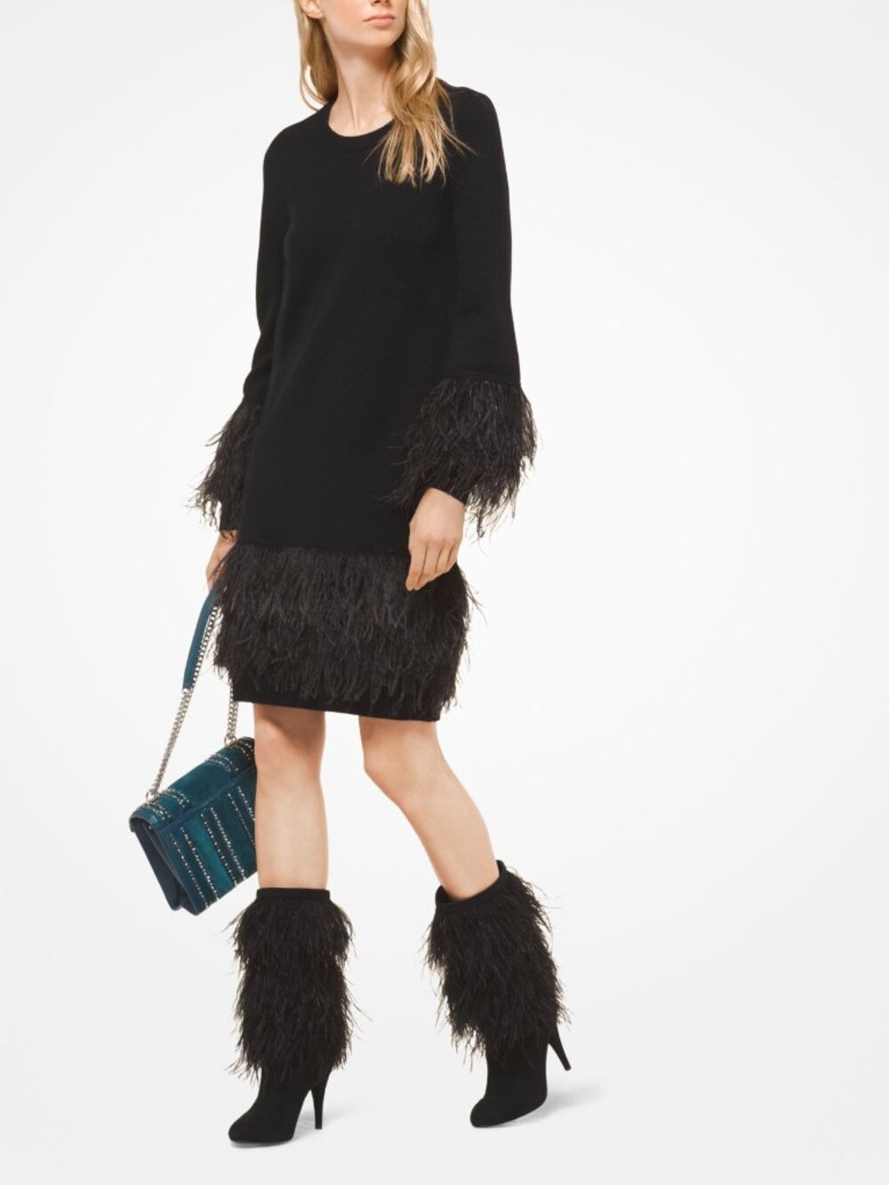 NWT Michael Kors Wool Blend Feather Trim Dress Cocktail Evening Party; Sz Small